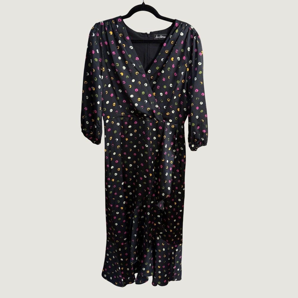 Sam Edelman Polka Dot Midi Dress Black Multicolor Ruffle Artsy Fall Romantic 10